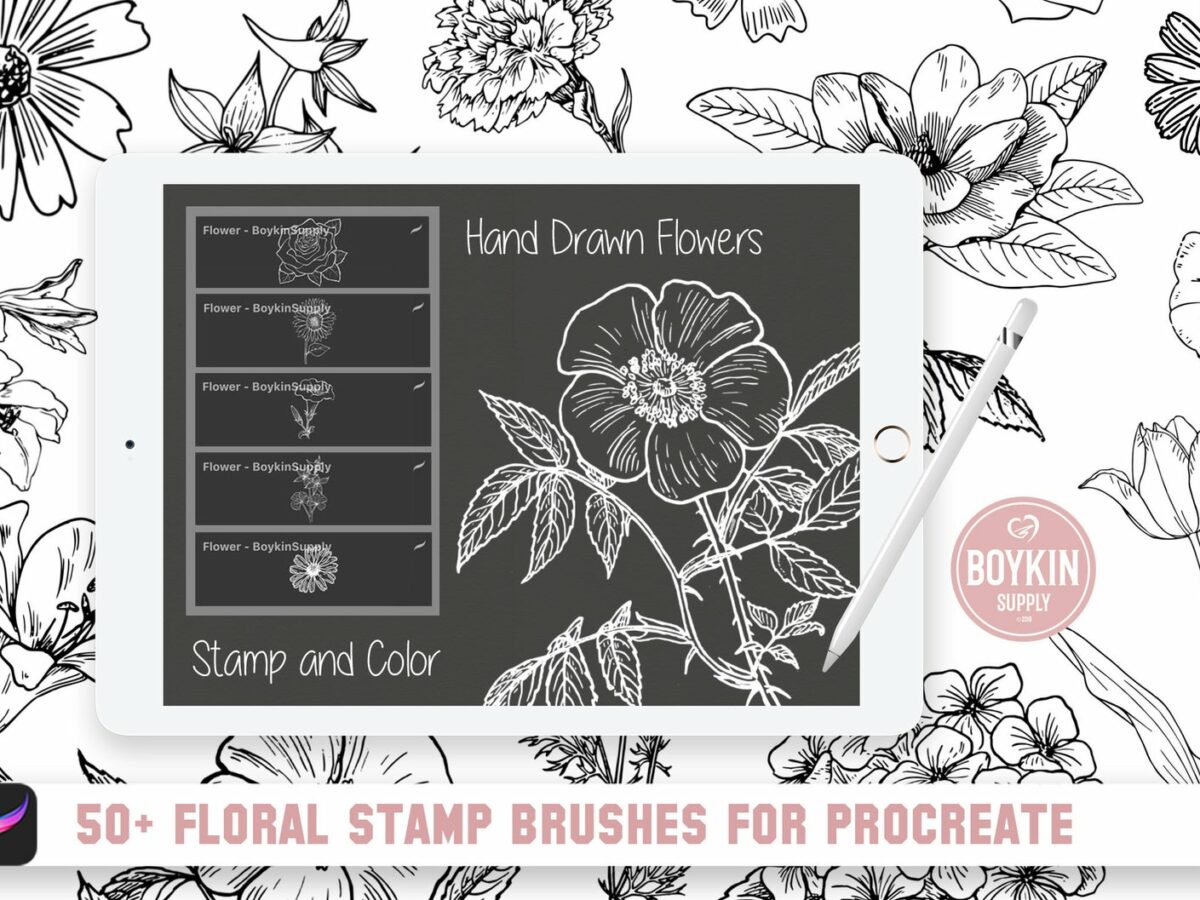 20 Procreate Floral Stamps and Brushes Set, Flowers, Leaves